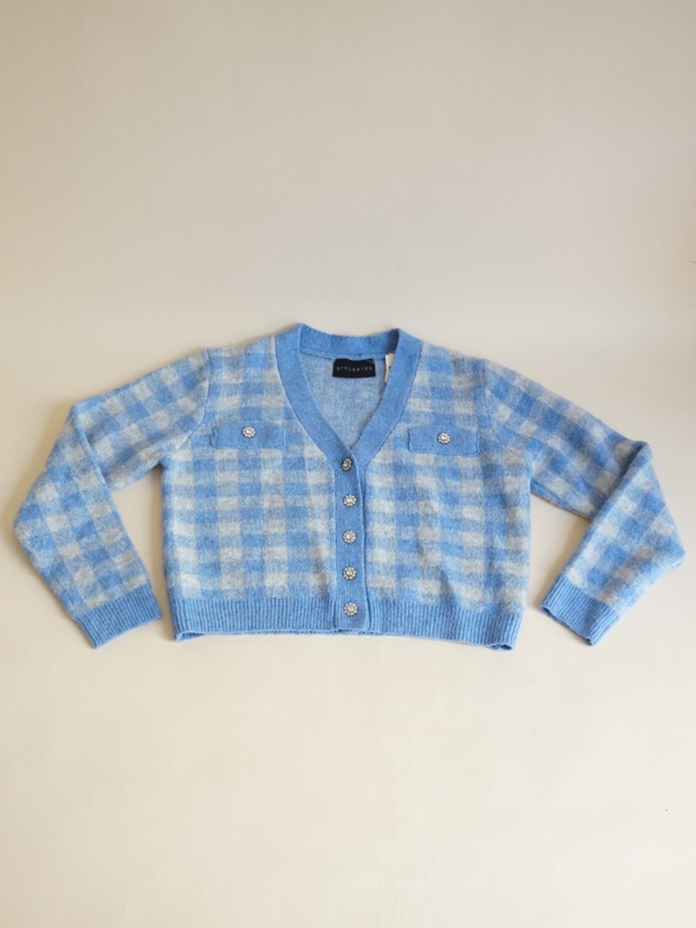 Style By GG Plaid Blue Rhinestone Button Cropped Cardigan - Size Medium